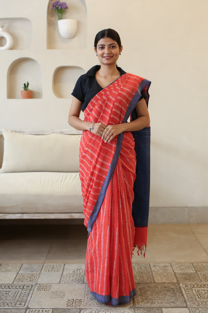Stripe & Bloom Handwoven Mulmul Cotton Printed Saree