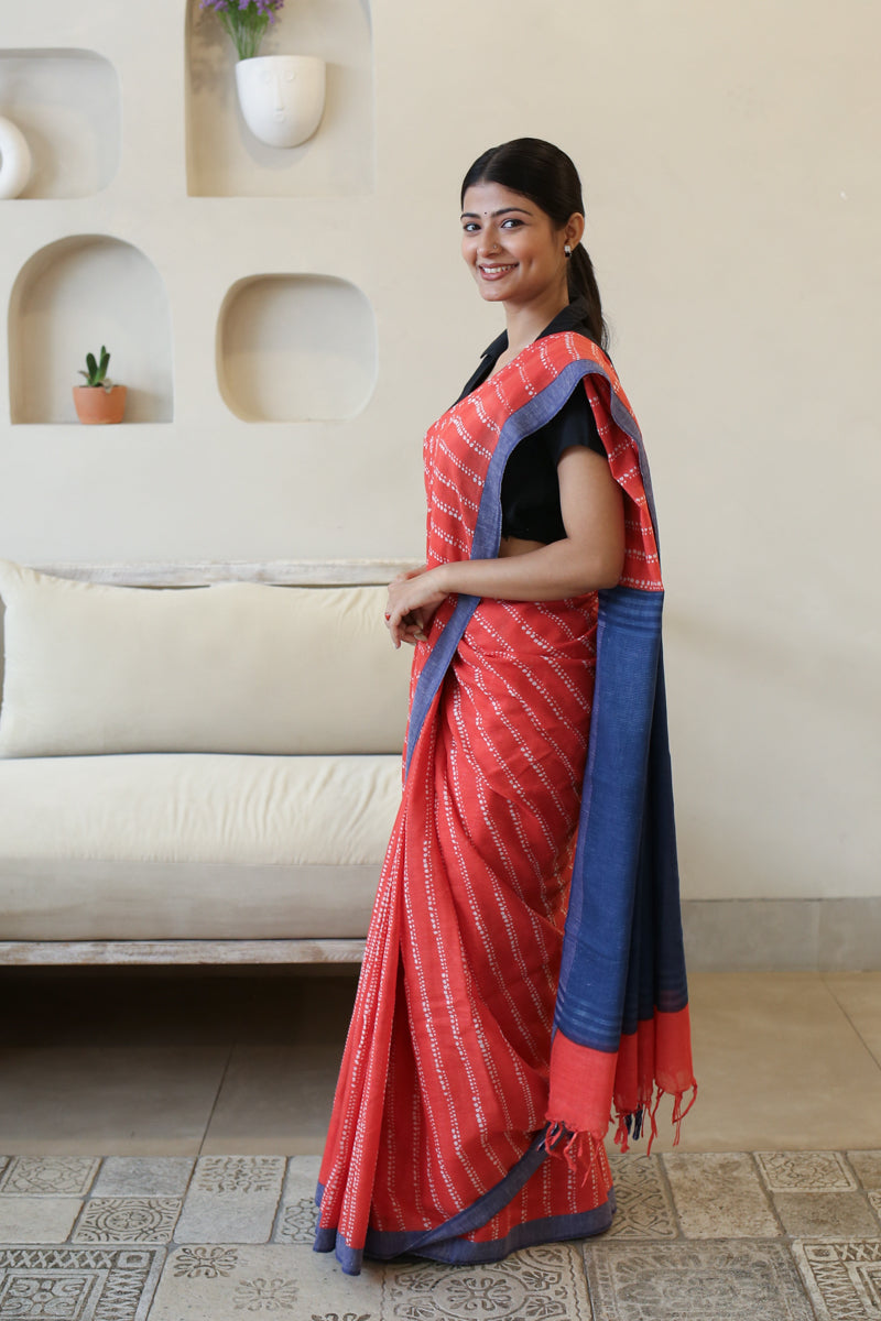 Stripe & Bloom Handwoven Mulmul Cotton Printed Saree