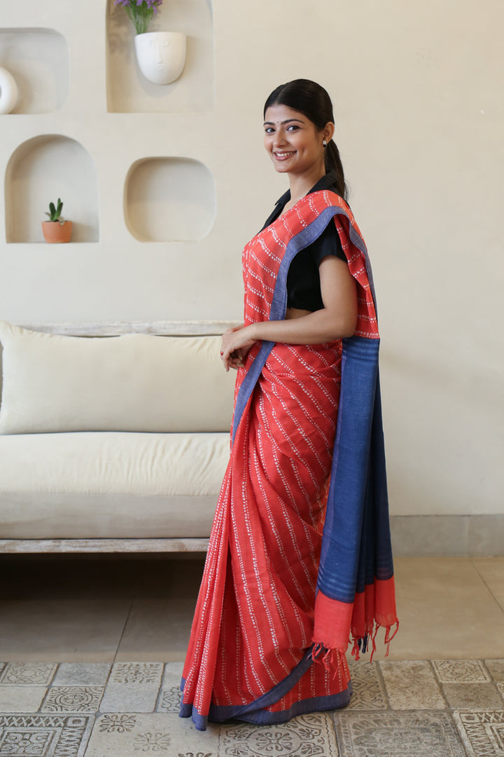 Stripe & Bloom Handwoven Mulmul Cotton Printed Saree
