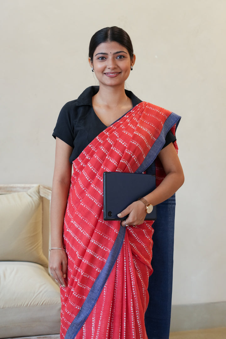 Stripe & Bloom Handwoven Mulmul Cotton Printed Saree