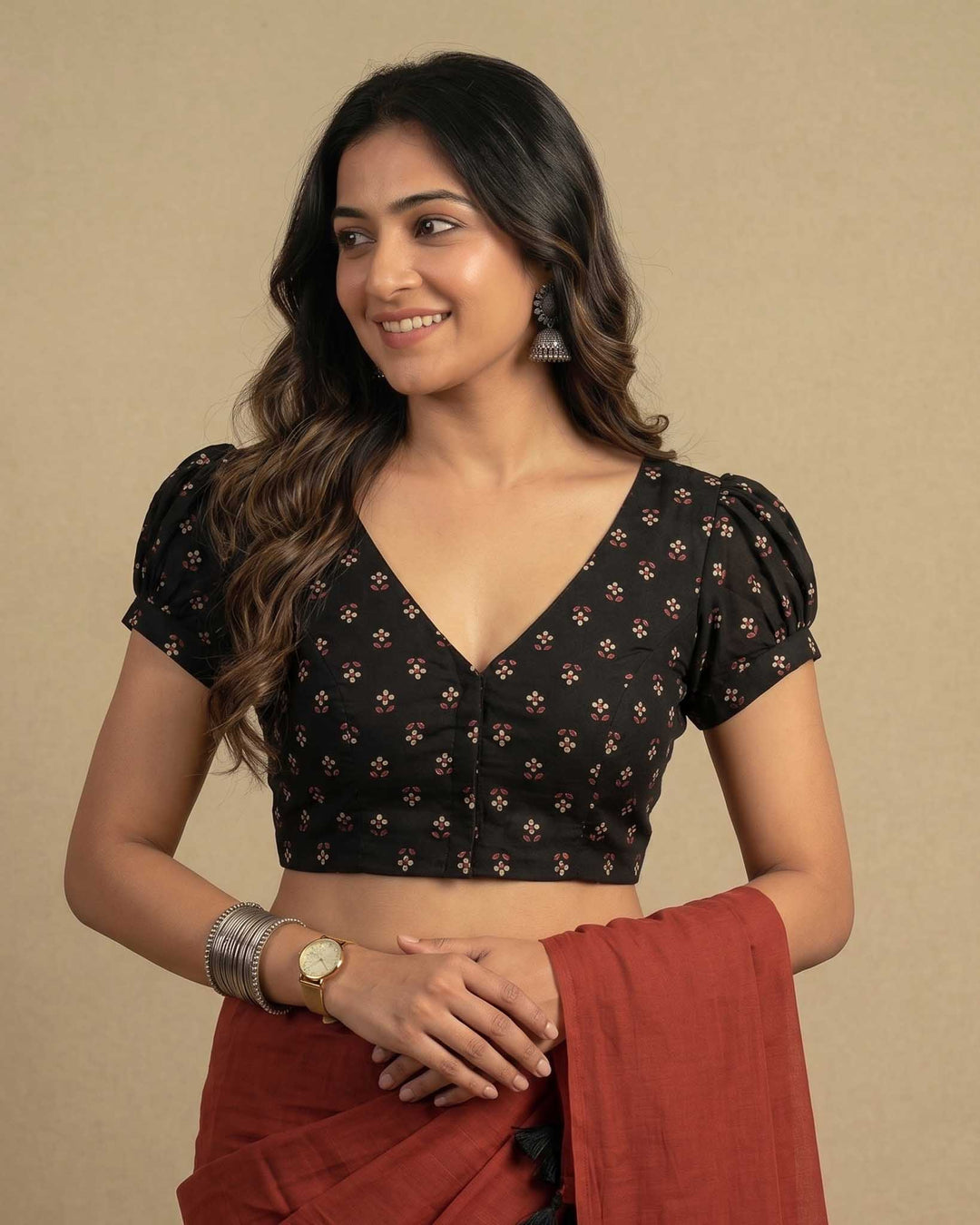 Subtle days V-neck Blouse with Puff Sleeves - Black