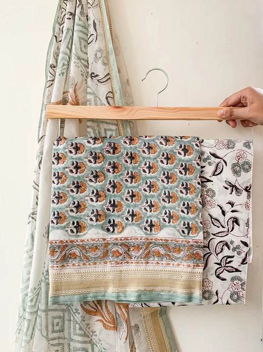 Pearl Grey - Maheshwari Silk Cotton Hand Block Print Unstitched Suit Set
