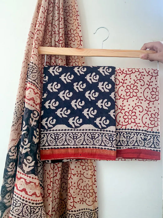 Black Radiance - Chanderi Silk Cotton Hand Block Print Unstitched Suit Set