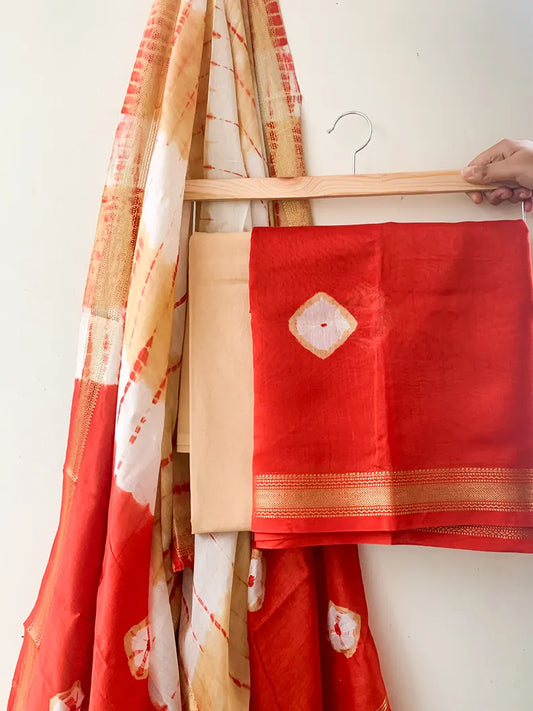 Bright Orange - Maheshwari Silk Cotton Hand Block Print Unstitched Suit Set
