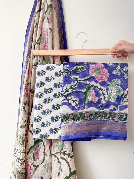 Purple pop - Maheshwari Silk Cotton Hand Block Print Unstitched Suit Set