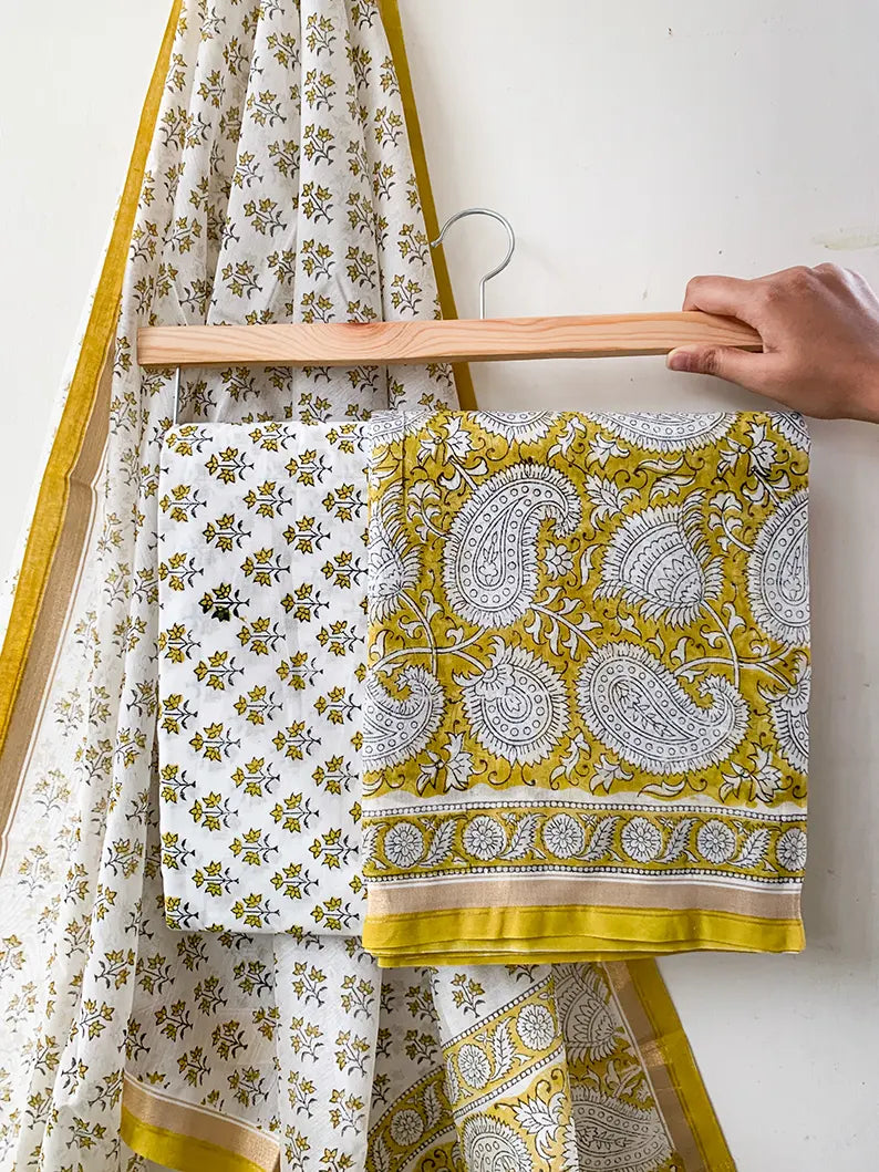 Mellow Yellow - Maheshwari Silk Cotton Hand Block Print Unstitched Suit Set