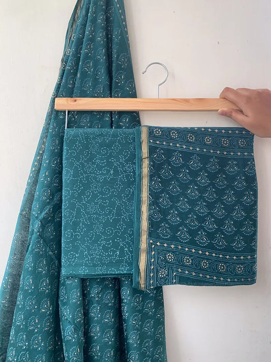 Emerald Green - Chanderi Silk Cotton Hand Block Print Unstitched Suit Set