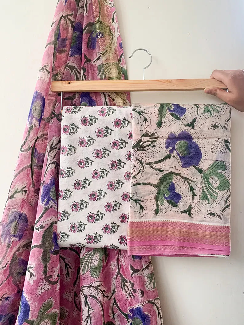 Pink Pop - Maheshwari Silk Cotton Hand Block Print Unstitched Suit Set