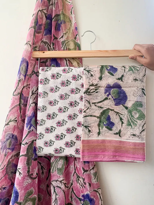 Pink Pop - Maheshwari Silk Cotton Hand Block Print Unstitched Suit Set