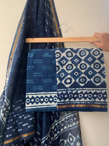 Indigo Checkerboard - Chanderi Silk Cotton Hand Block Print Unstitched Suit Set