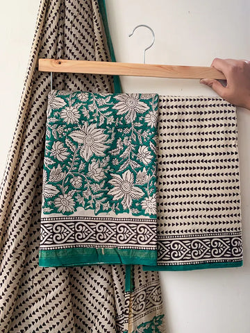 Tropical Green - Chanderi Silk Cotton Hand Block Print Unstitched Suit Set