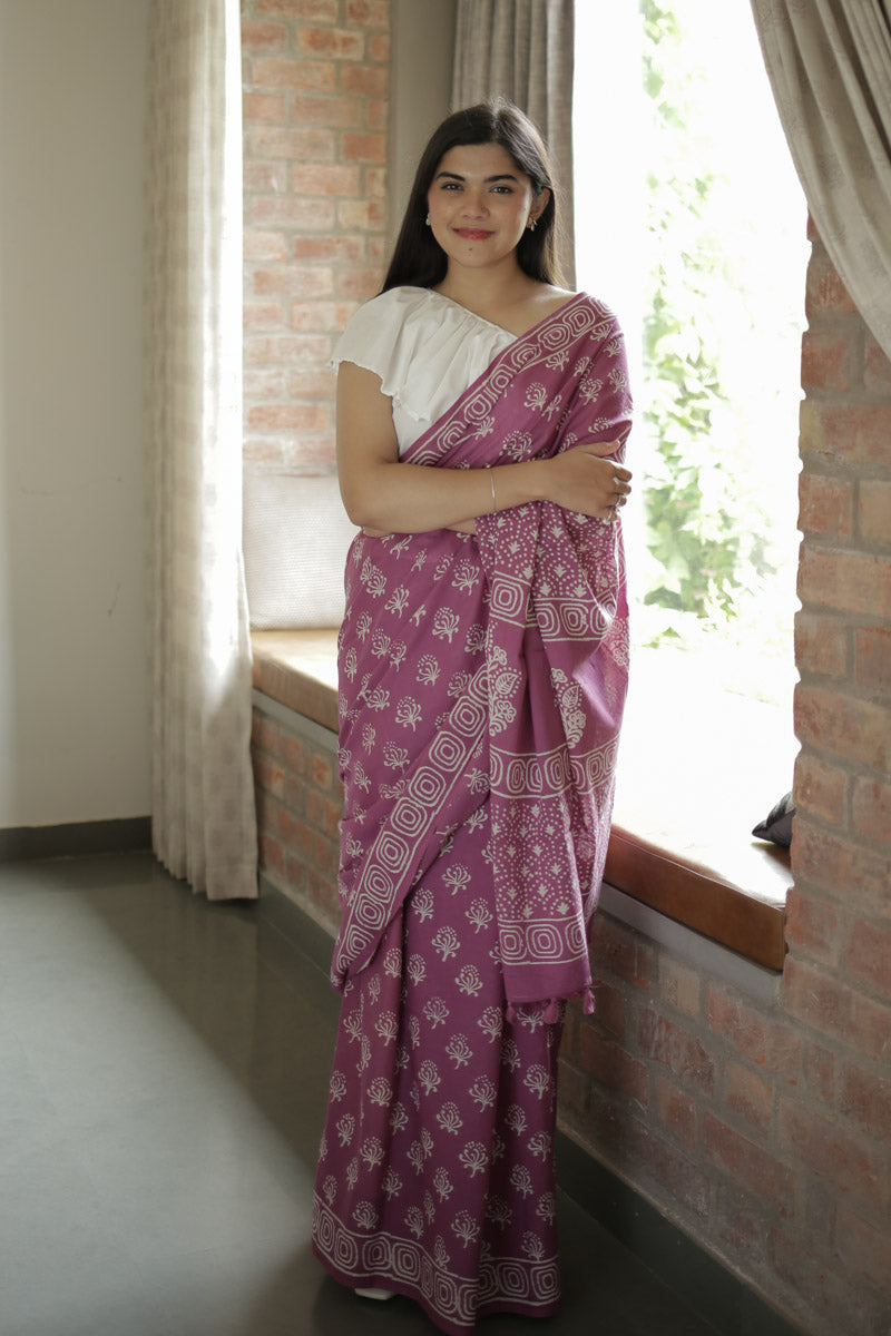 Light Plum Hand Block Print Mulmul Cotton Saree