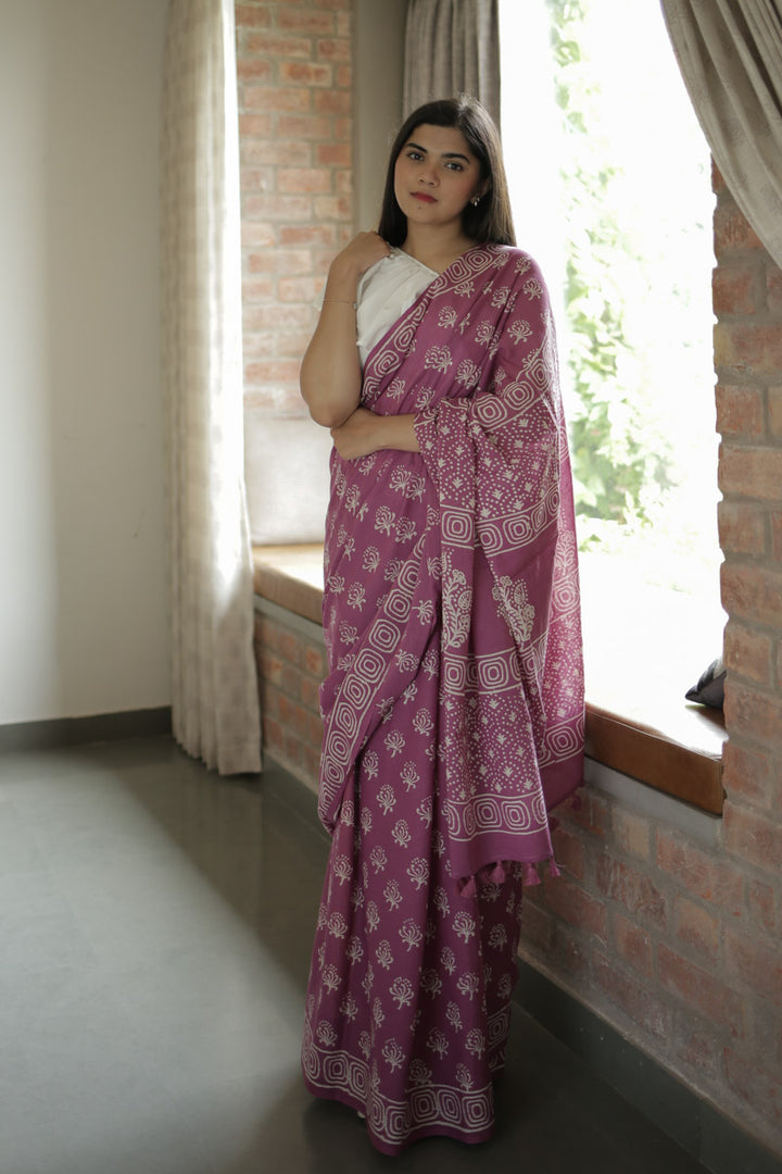 Light Plum Hand Block Print Mulmul Cotton Saree