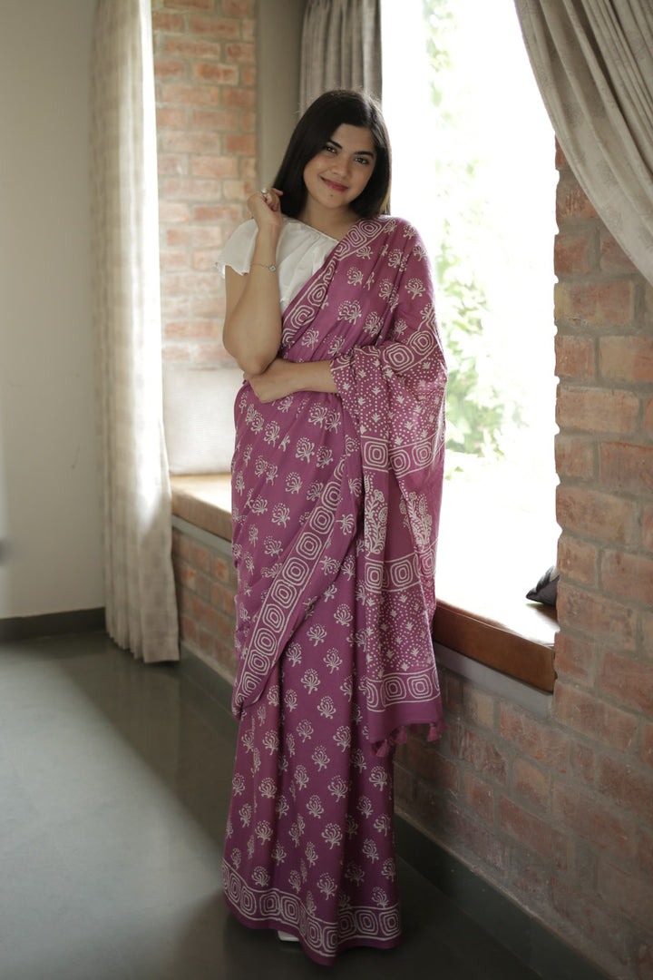 Light Plum Hand Block Print Mulmul Cotton Saree
