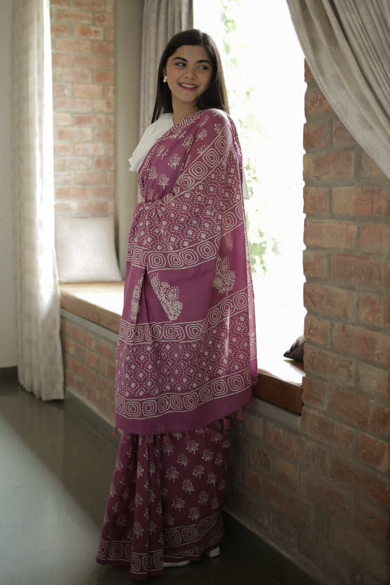 Light Plum Hand Block Print Mulmul Cotton Saree