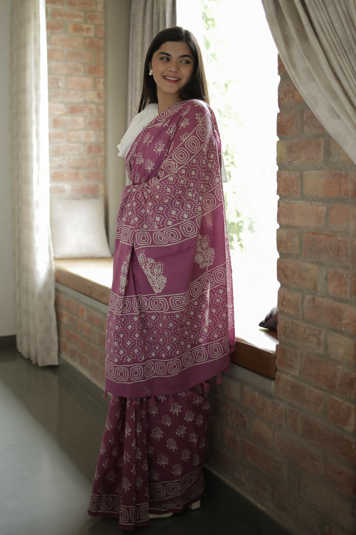 Light Plum Hand Block Print Mulmul Cotton Saree