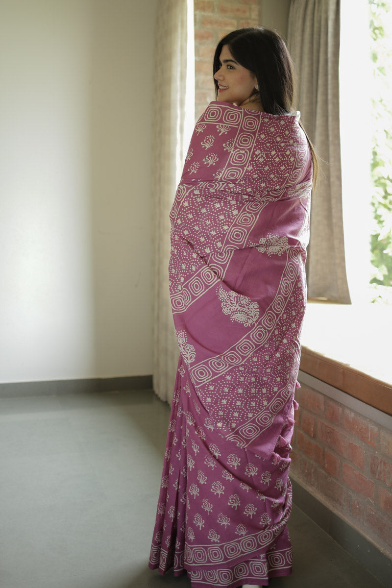 Light Plum Hand Block Print Mulmul Cotton Saree