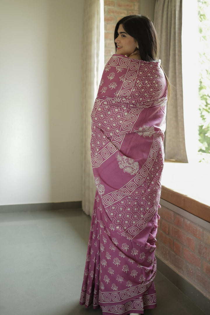 Light Plum Hand Block Print Mulmul Cotton Saree