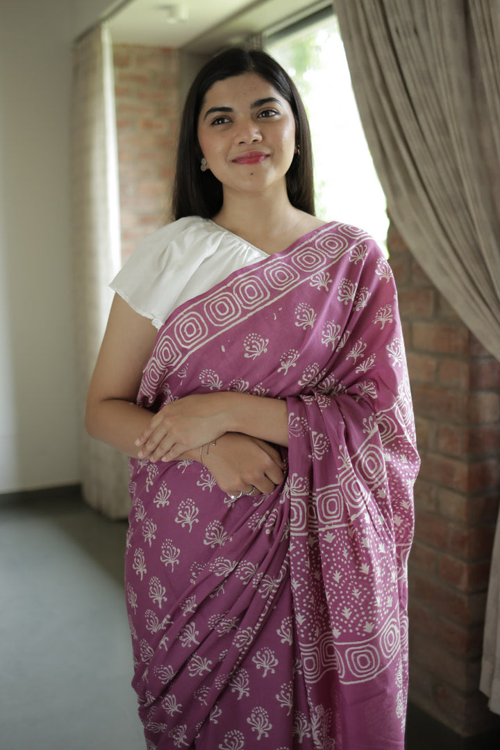 Light Plum Hand Block Print Mulmul Cotton Saree