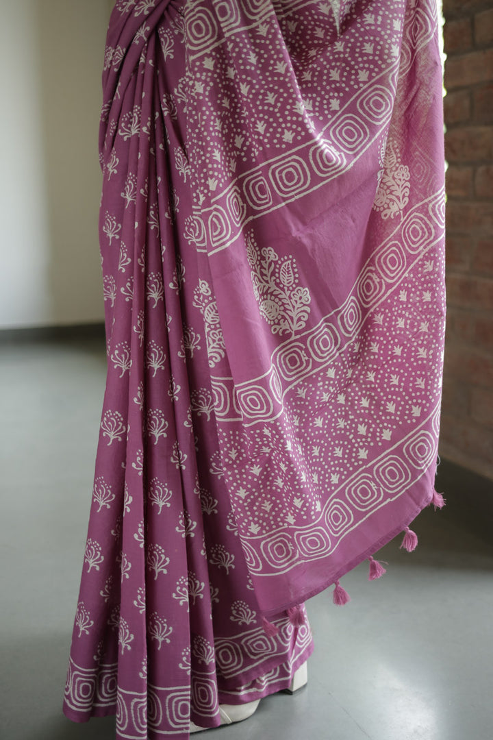 Light Plum Hand Block Print Mulmul Cotton Saree