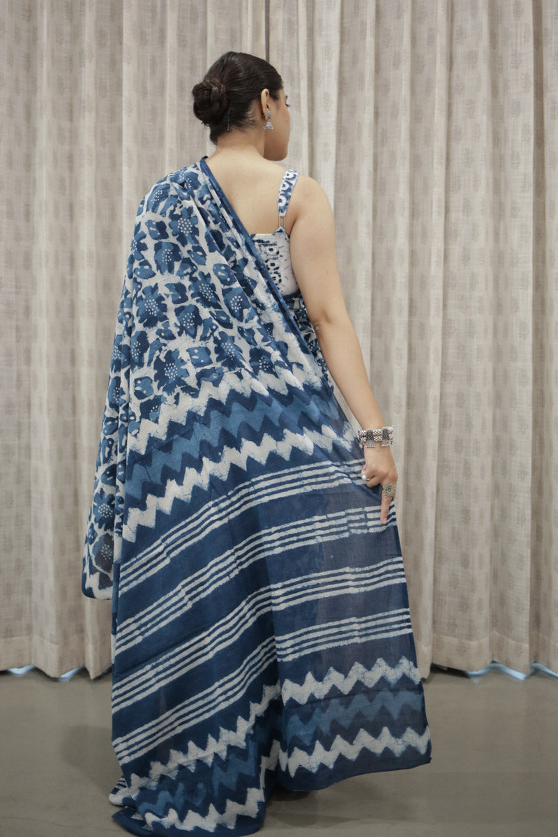 Calming Indigo Hand Block Print Mulmul Cotton Saree