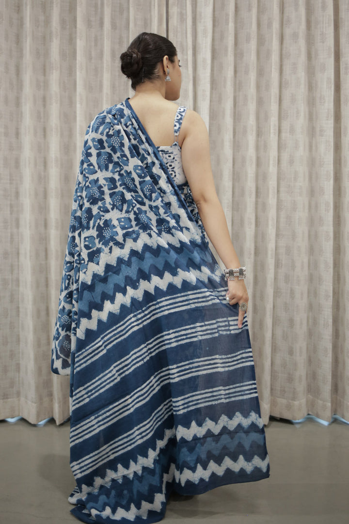 Calming Indigo Hand Block Print Mulmul Cotton Saree