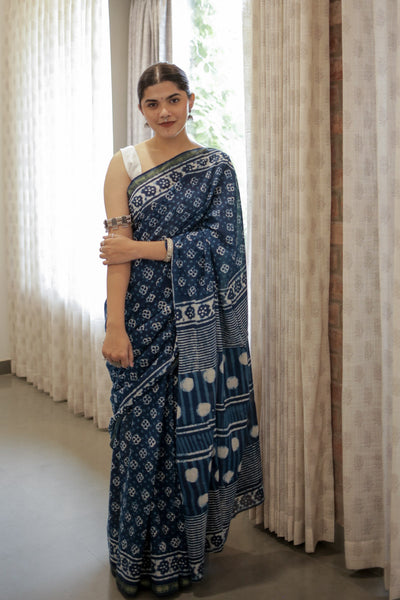 Indigo Rhythm Hand Block Print Mulmul Cotton Saree