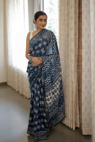 Indigo Petals Hand Block Print Mulmul Cotton Saree