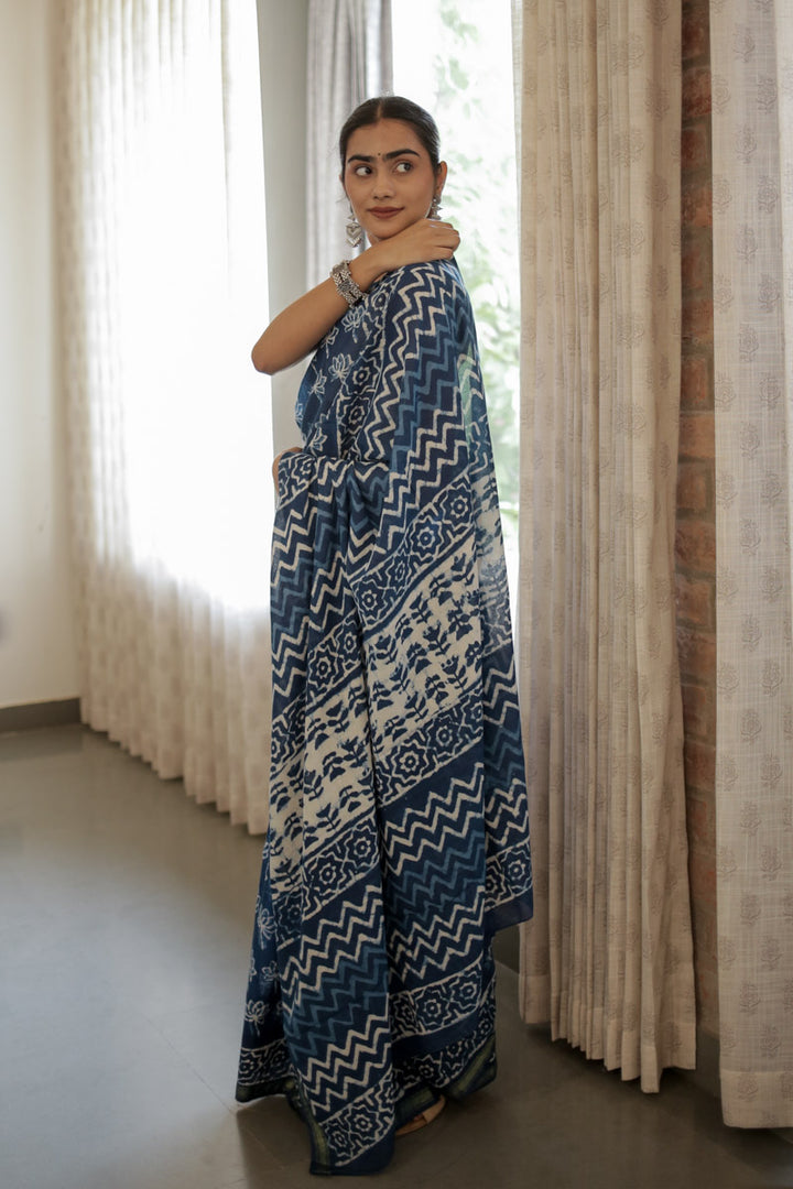 Indigo Petals Hand Block Print Mulmul Cotton Saree