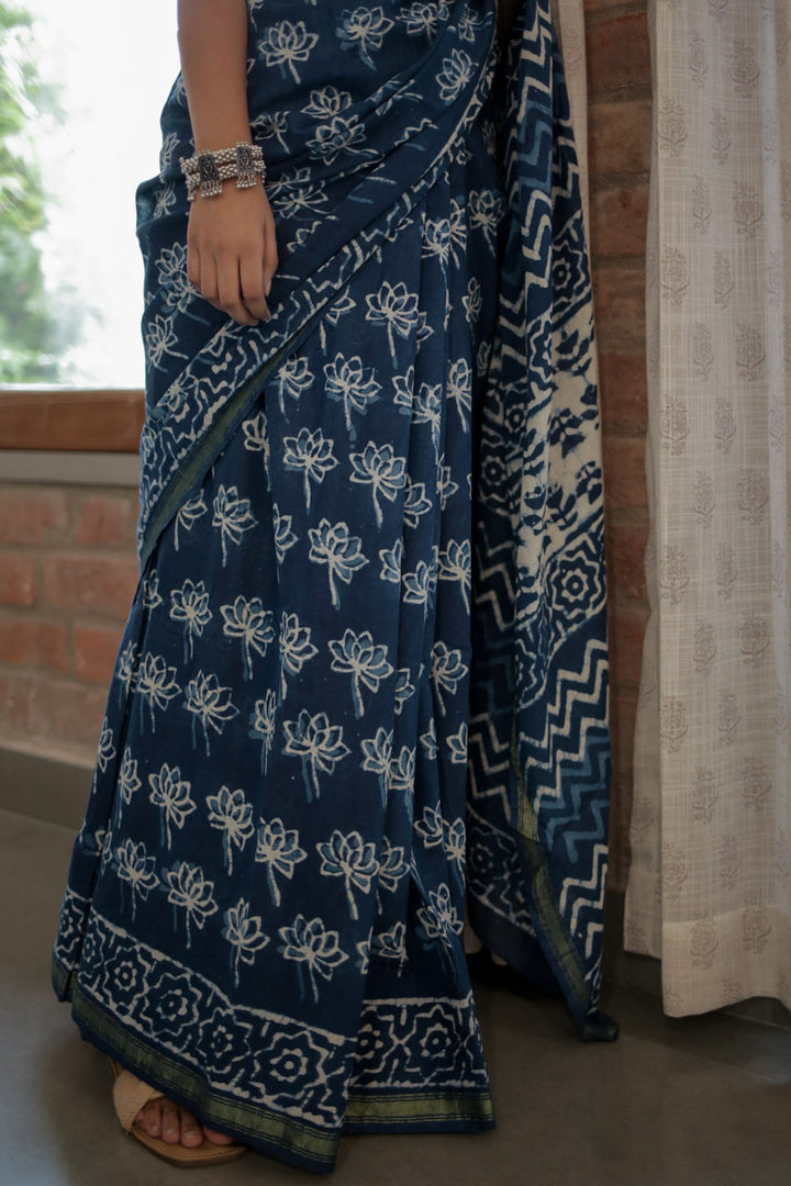 Indigo Petals Hand Block Print Mulmul Cotton Saree