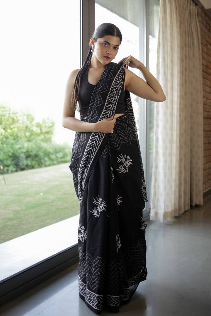 Bold Black Hand Block Print Mulmul Cotton Saree