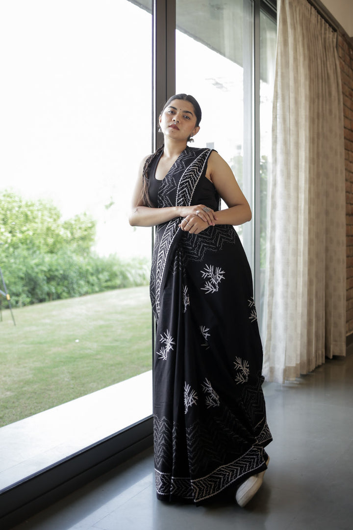 Bold Black Hand Block Print Mulmul Cotton Saree