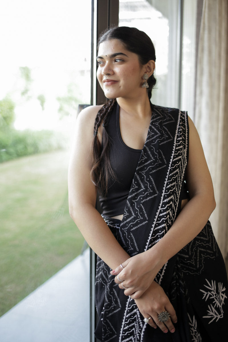 Bold Black Hand Block Print Mulmul Cotton Saree
