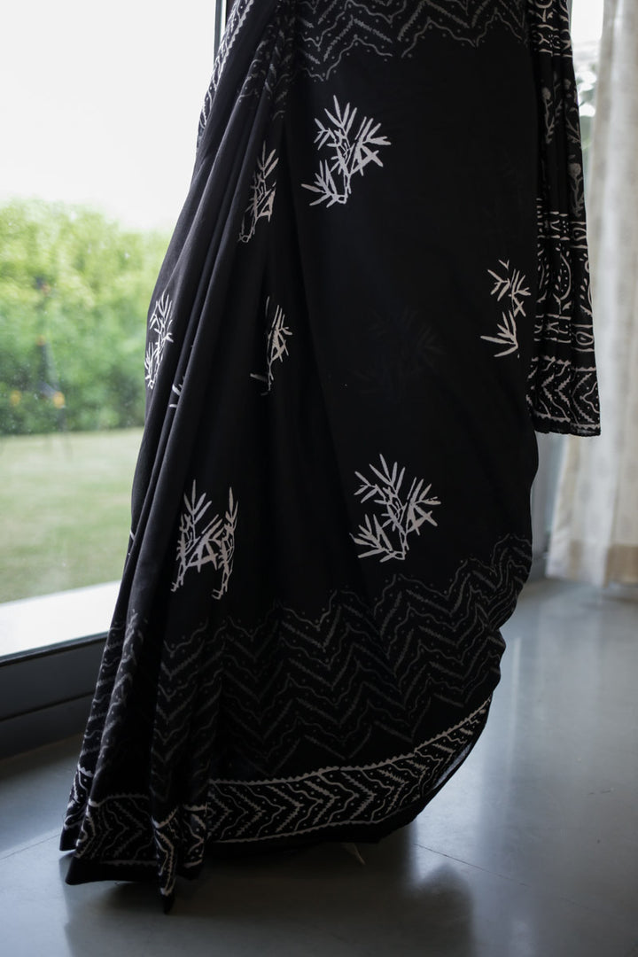 Bold Black Hand Block Print Mulmul Cotton Saree