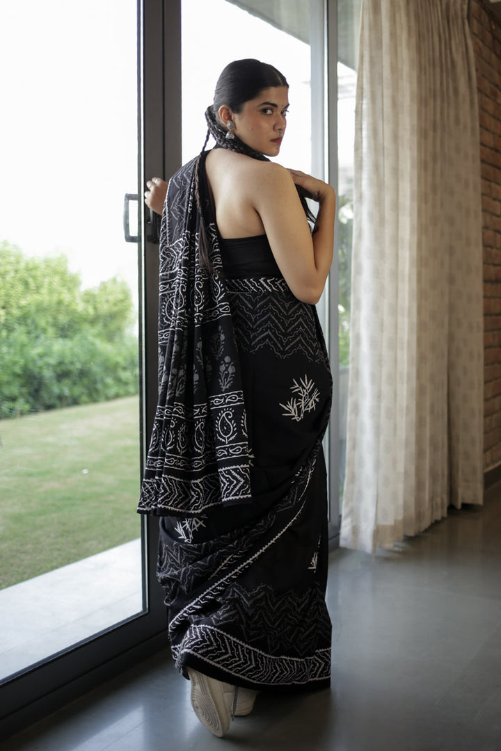 Bold Black Hand Block Print Mulmul Cotton Saree