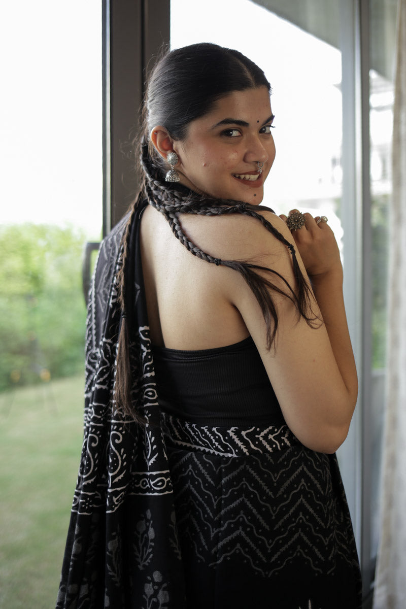 Bold Black Hand Block Print Mulmul Cotton Saree