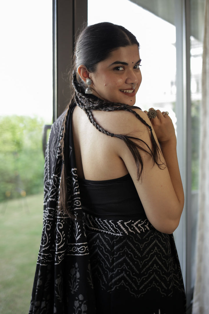 Bold Black Hand Block Print Mulmul Cotton Saree