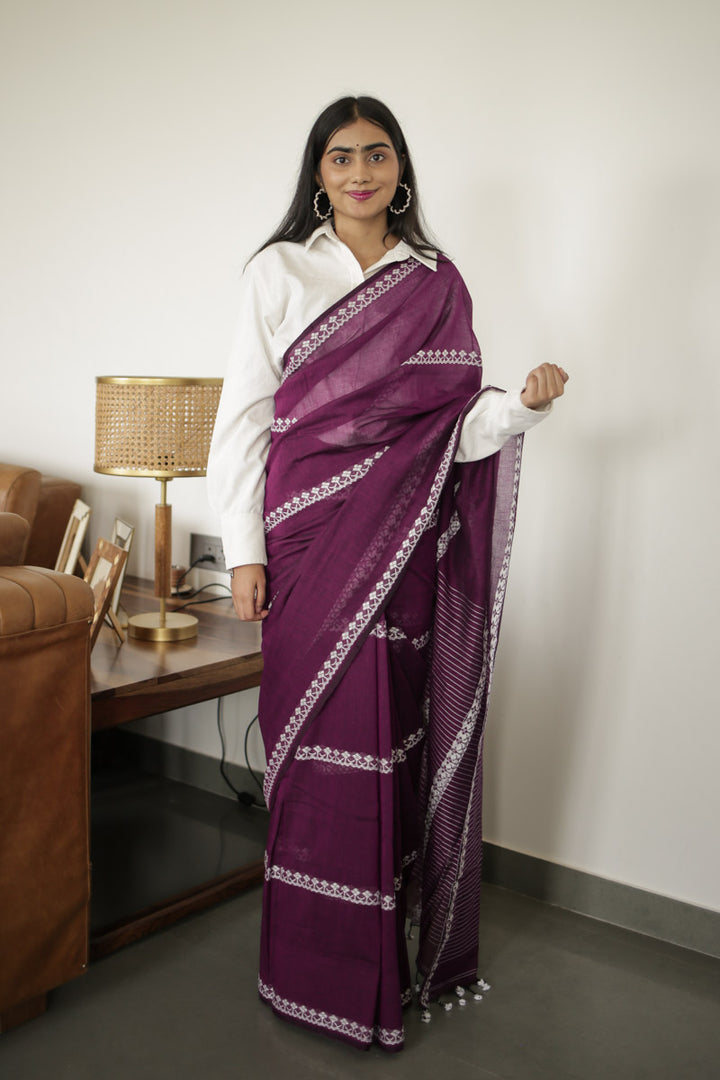Plum Handwoven Mulmul Cotton Saree