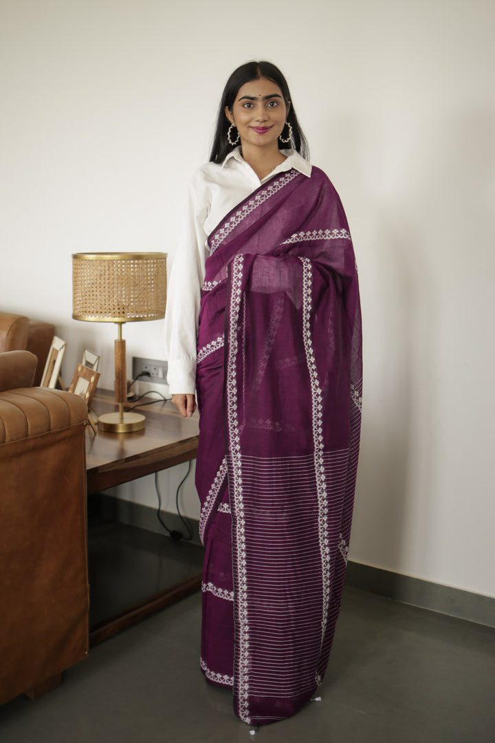 Plum Handwoven Mulmul Cotton Saree