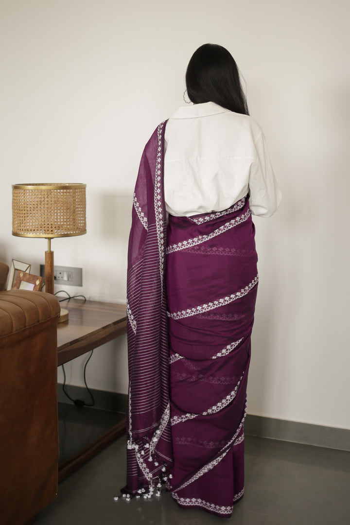 Plum Handwoven Mulmul Cotton Saree