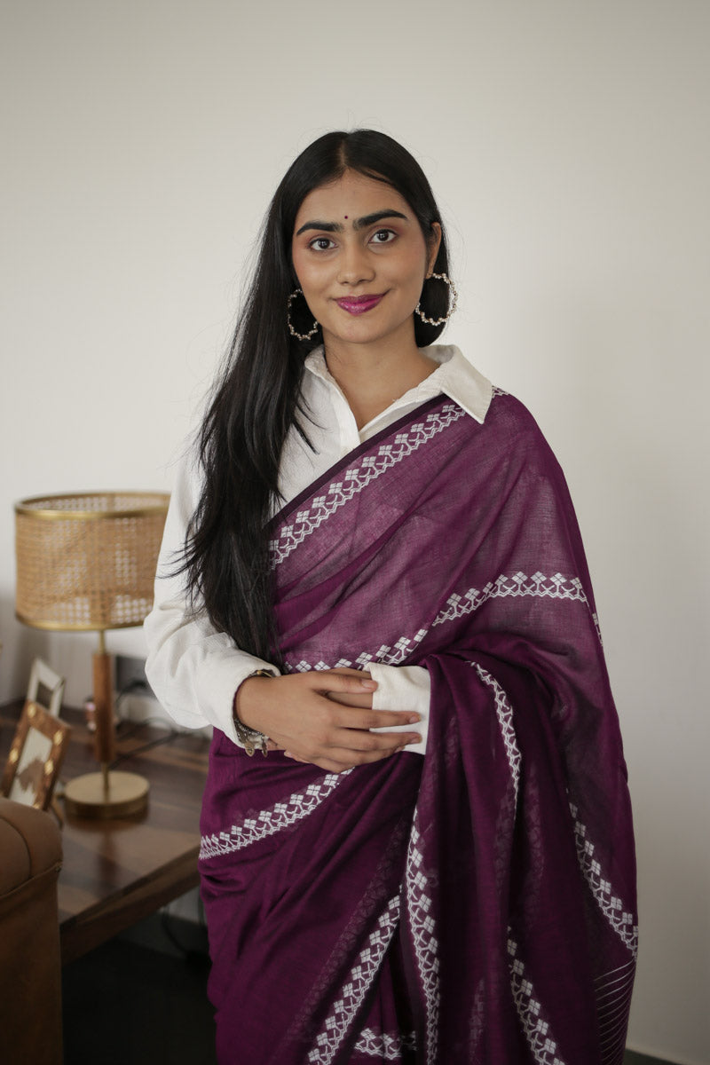 Plum Handwoven Mulmul Cotton Saree