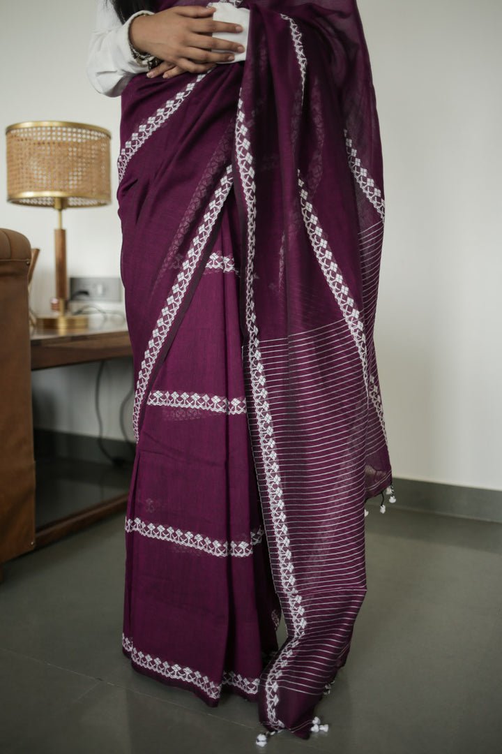 Plum Handwoven Mulmul Cotton Saree