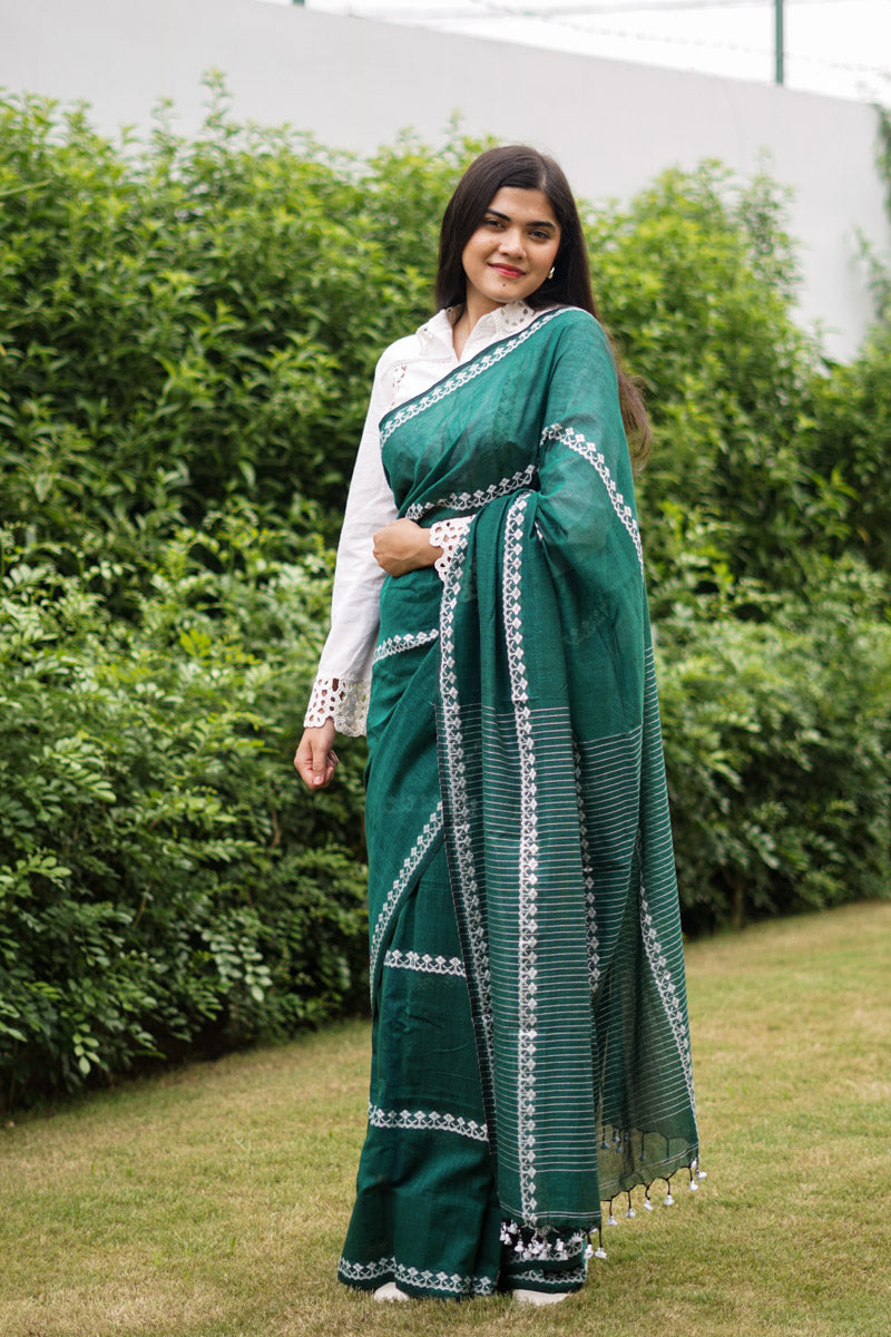 Teal Tapestry Handwoven mulmul cotton saree