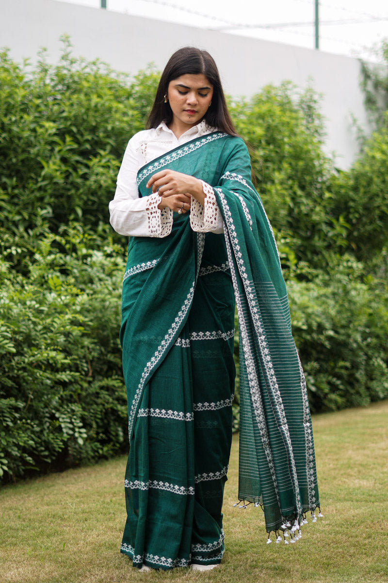 Teal Tapestry Handwoven mulmul cotton saree