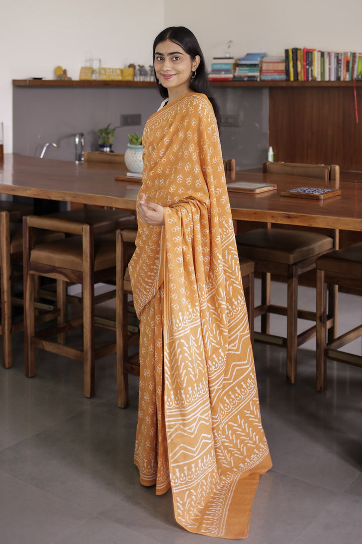 Dusty Orange Hand Block Print Mulmul Cotton Saree