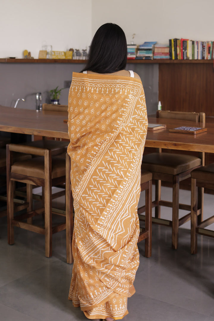 Dusty Orange Hand Block Print Mulmul Cotton Saree