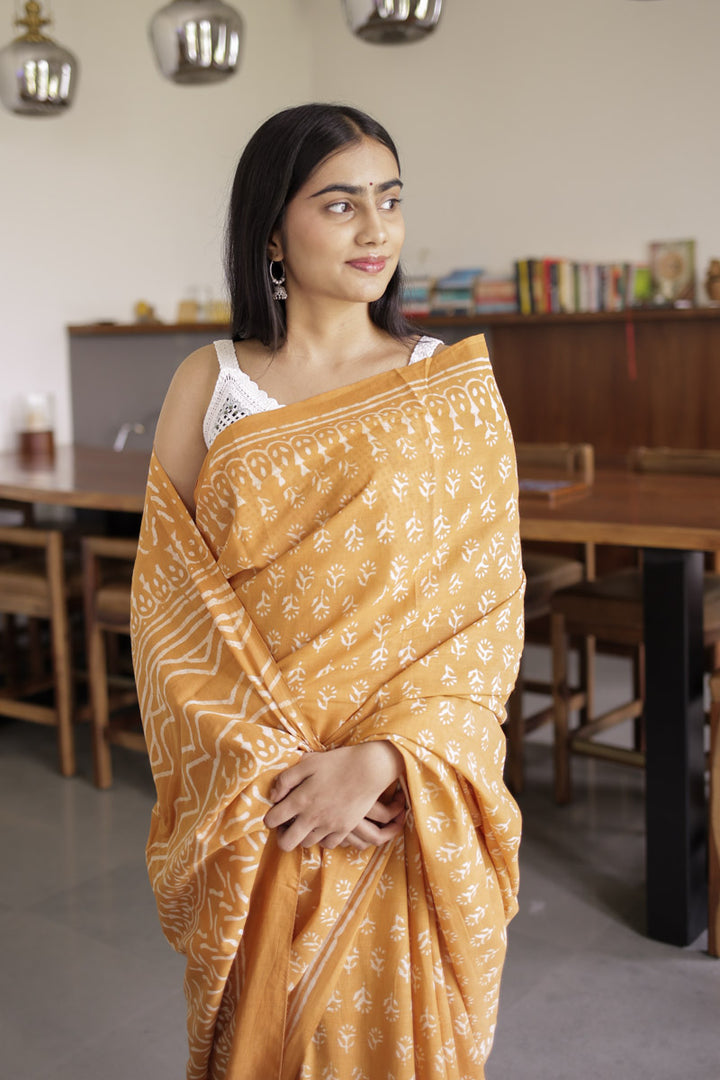 Dusty Orange Hand Block Print Mulmul Cotton Saree