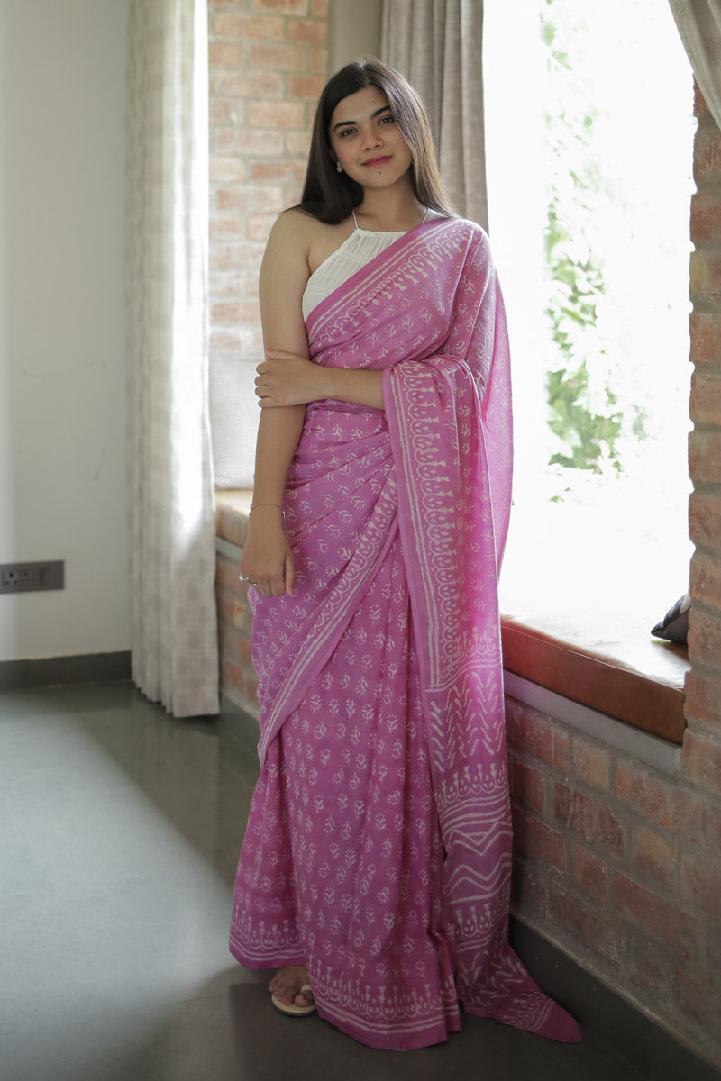 Dusty Pink Hand Block Print Mulmul Cotton Saree