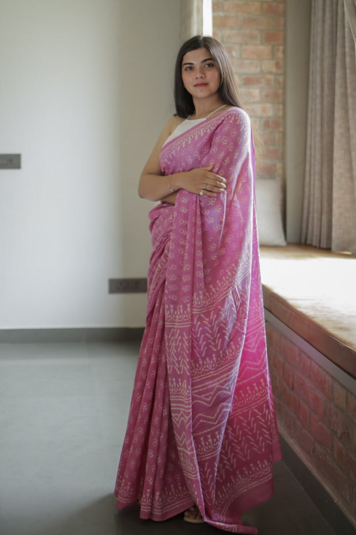 Dusty Pink Hand Block Print Mulmul Cotton Saree