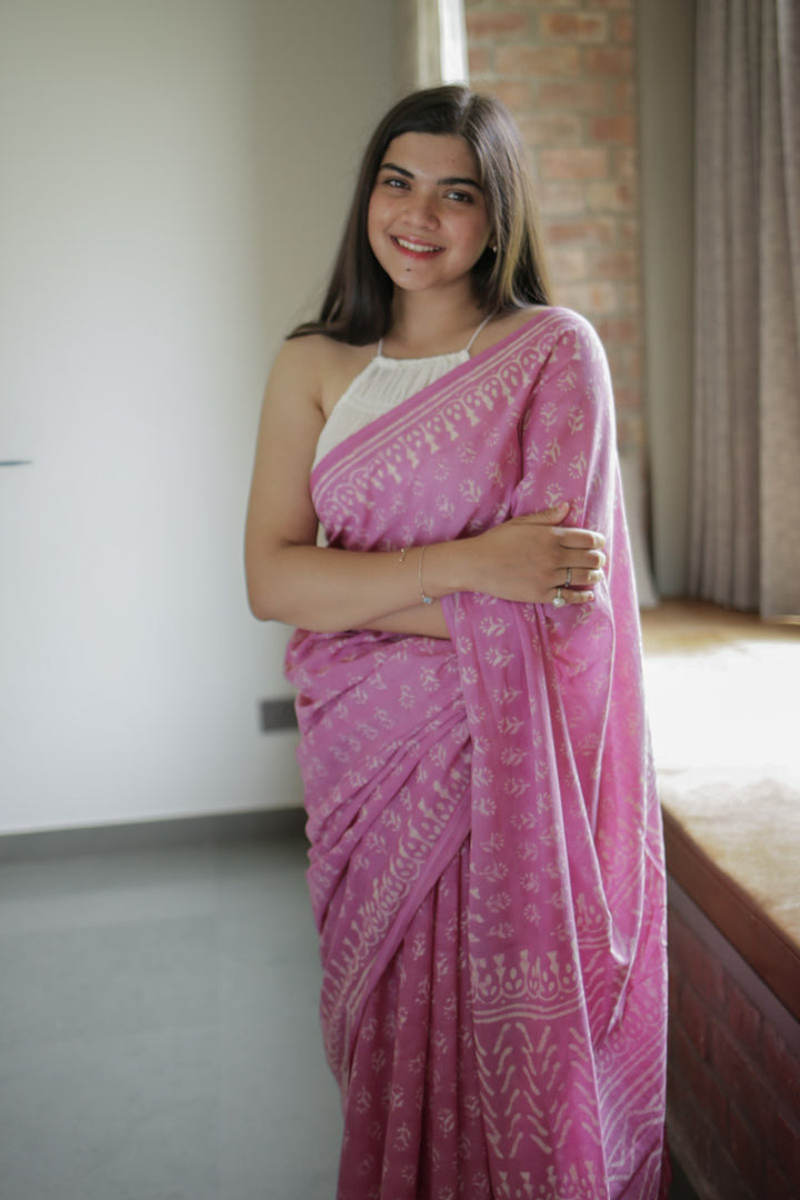 Dusty Pink Hand Block Print Mulmul Cotton Saree